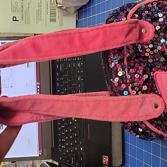 Justice Shimmering Mini Velvety 8" x 4" x 6" Bag Pink Straps Sequins Initial K - Picture 2 of 11